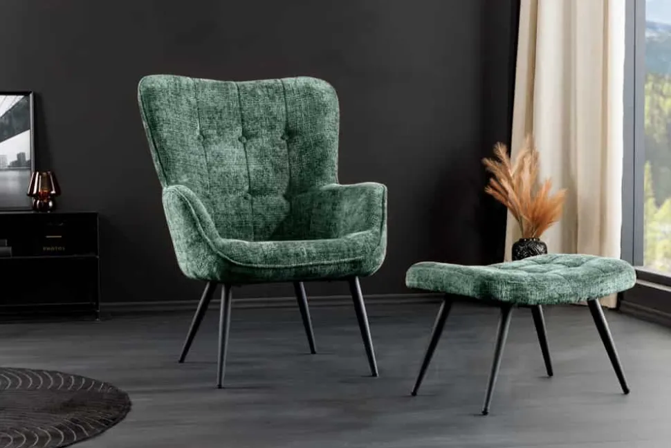 Design Sessel SCANDINAVIA grün Chenille Cremona schwarz Metall mit Armlehne