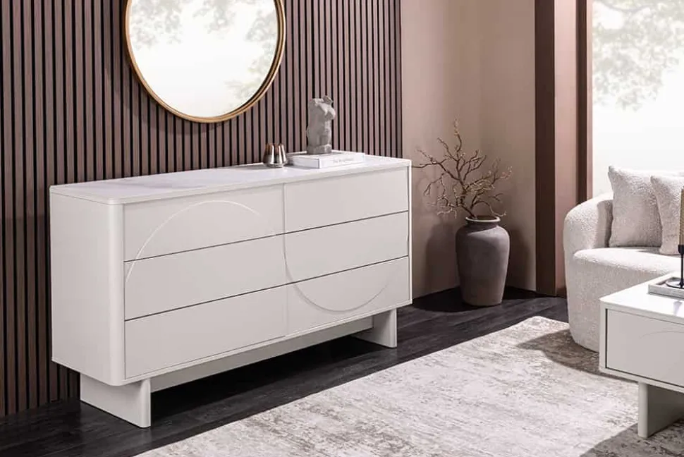Design Sideboard SAVOY 150cm kaschmir weiß Marmor Keramik mit sechs Schubladen
