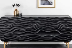 Design Sideboard WAVE 160cm schwarz Mangoholz Massivholz mattgold Metallbeine
