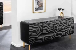 Design Sideboard WAVE 160cm schwarz Mangoholz Massivholz mattgold Metallbeine