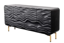 Design Sideboard WAVE 160cm schwarz Mangoholz Massivholz mattgold Metallbeine
