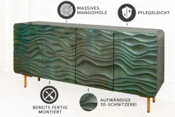 Design Sideboard WAVE 160cm türkis Mangoholz Massivholz mattgold Metallbeine