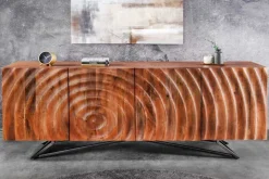 Design Sideboard ZEN 180cm braun Mangoholz mit 3D Schnitzereien Metallgestell schwarz handmade