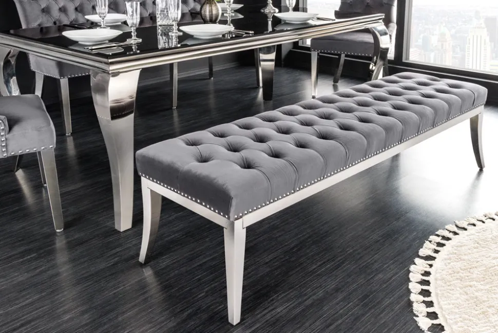 Design Sitzbank CASTLE DELUXE 165cm grau Samt silber Edelstahl gepolstert