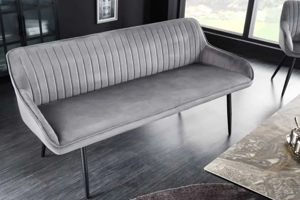 Design Sitzbank TURIN 160cm silbergrau Samt schwarz Metall Armlehne