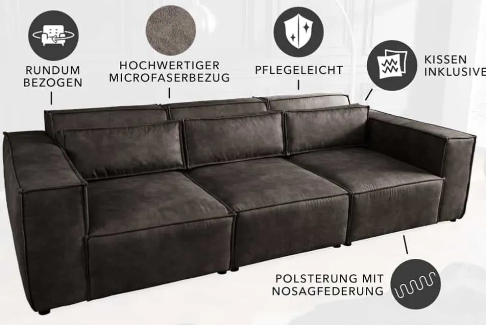 Design 3-Sitzer Sofa BOSSA NOVA 260cm antik dunkelgrau Microfaser Couch Wohnzimmer