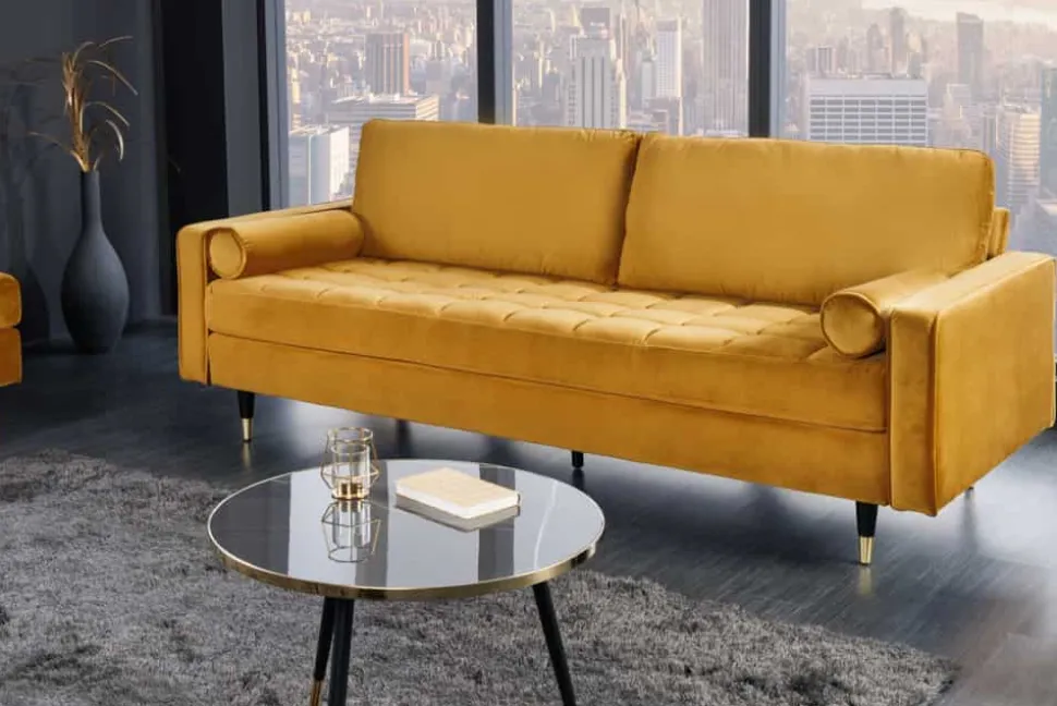 Design 3-Sitzer Sofa COZY VELVET 220cm senfgelb Samt Federkern