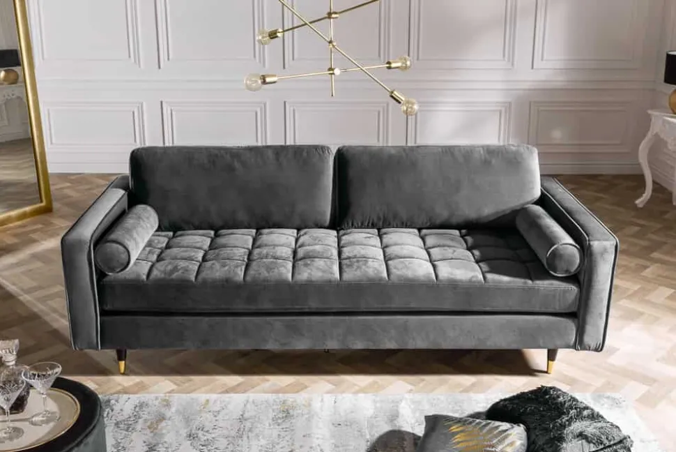 Design 3-Sitzer Sofa COZY VELVET 220cm grau Samt Federkern Lounge