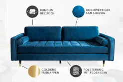 Design 3-Sitzer Sofa COZY VELVET 220cm petrol blau Samt Federkern Lounge
