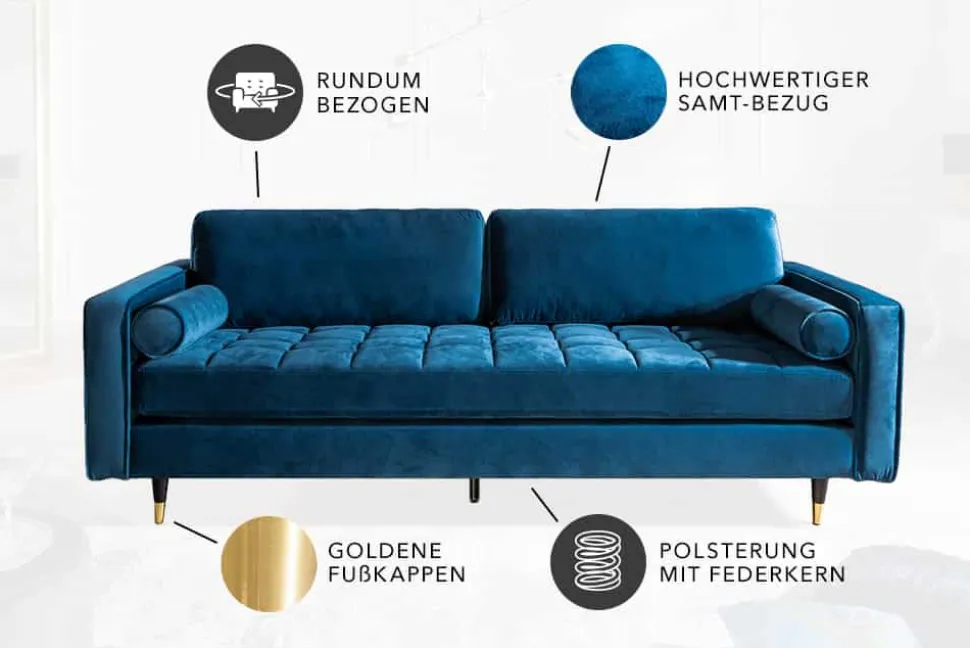 Design 3-Sitzer Sofa COZY VELVET 220cm petrol blau Samt Federkern Lounge