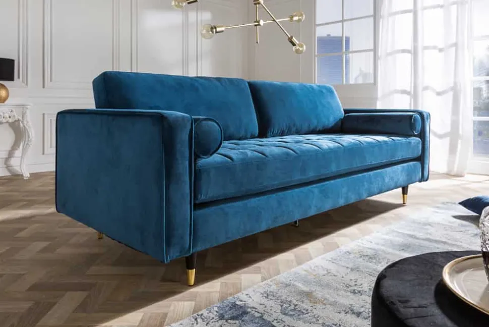 Design 3-Sitzer Sofa COZY VELVET 220cm petrol blau Samt Federkern Lounge