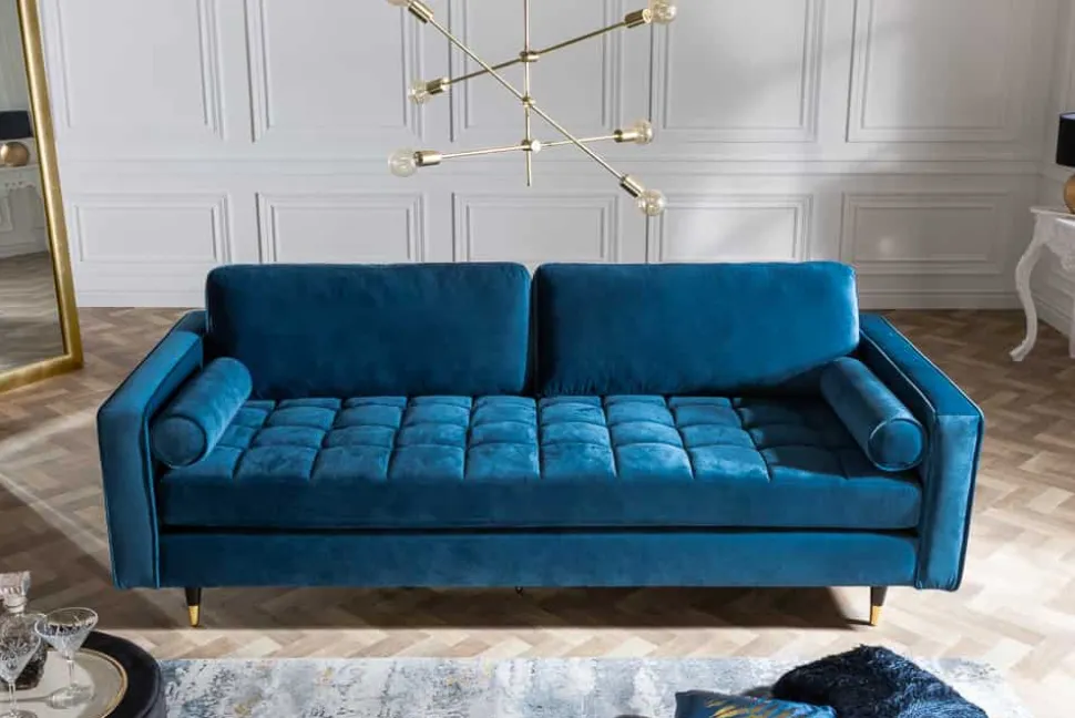 Design 3-Sitzer Sofa COZY VELVET 220cm petrol blau Samt Federkern Lounge
