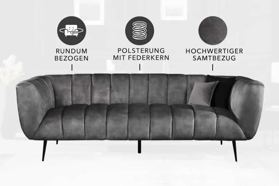 Design 3-Sitzer Sofa NOBLESSE 225cm grau Samt Federkern schwarze Metallfüße
