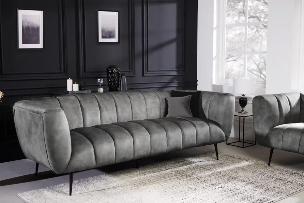 Design 3-Sitzer Sofa NOBLESSE 225cm grau Samt Federkern schwarze Metallfüße