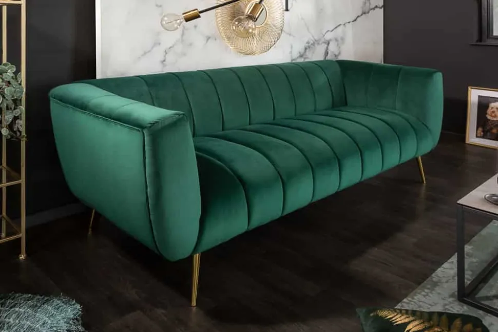 Design 3-Sitzer Sofa NOBLESSE 225cm smaragdgrün Samt Federkern goldene Metallfüße