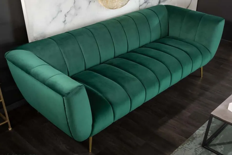 Design 3-Sitzer Sofa NOBLESSE 225cm smaragdgrün Samt Federkern goldene Metallfüße