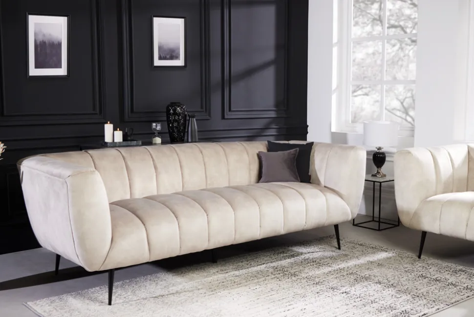 Design 3-Sitzer Sofa NOBLESSE 225cm champagner beige Samt 3-Sitzer Federkern schwarze Metallfüße