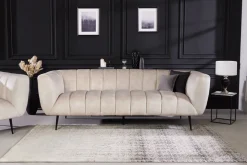 Design 3-Sitzer Sofa NOBLESSE 225cm champagner beige Samt 3-Sitzer Federkern schwarze Metallfüße