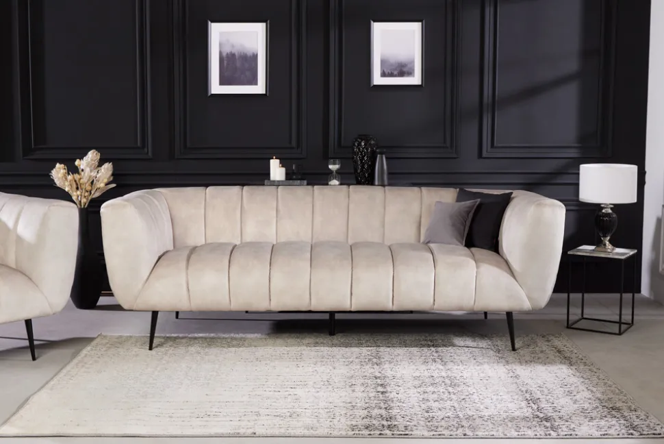 Design 3-Sitzer Sofa NOBLESSE 225cm champagner beige Samt 3-Sitzer Federkern schwarze Metallfüße