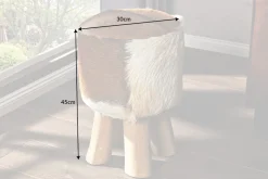 Design Sitzhocker HIDE 45cm braun weiß mit Ziegenfell und Teakholz