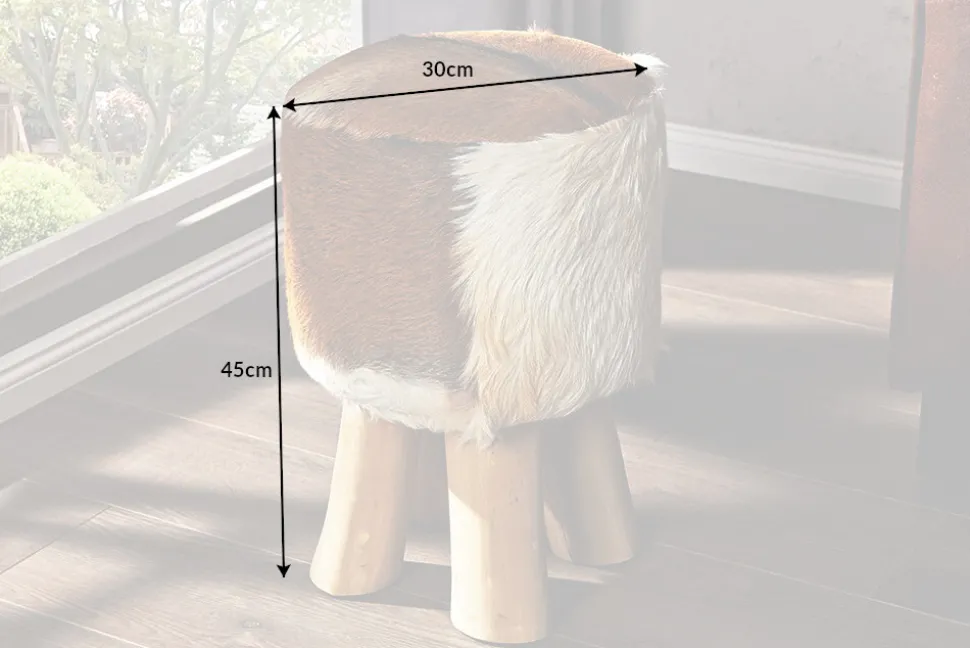 Design Sitzhocker HIDE 45cm braun weiß mit Ziegenfell und Teakholz