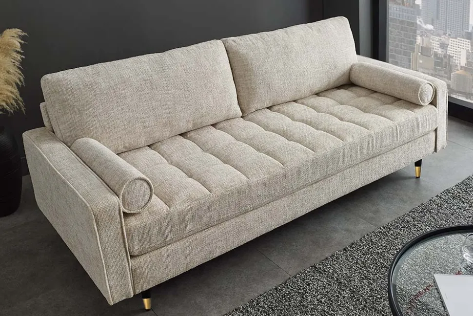 Design Sofa COZY VELVET 220cm beige Chenille Federkern 3-Sitzer mit goldener Kappe