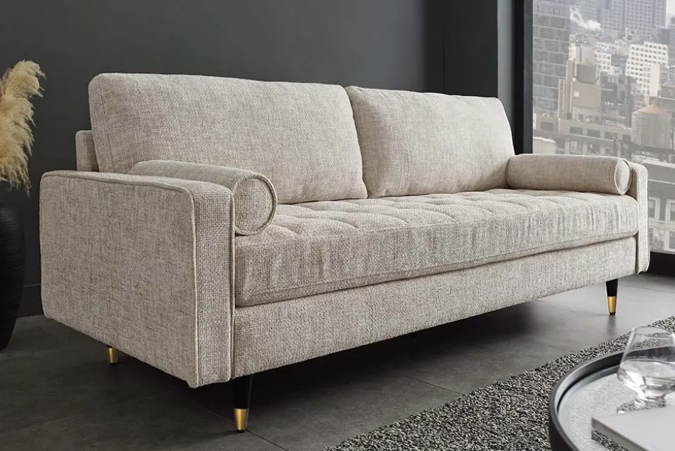 Design Sofa COZY VELVET 220cm beige Chenille Federkern 3-Sitzer mit goldener Kappe