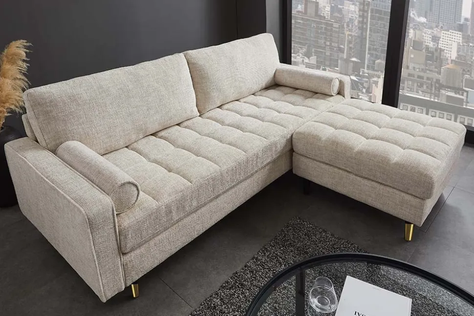 Design Sofa COZY VELVET 220cm beige Chenille Federkern 3-Sitzer mit goldener Kappe