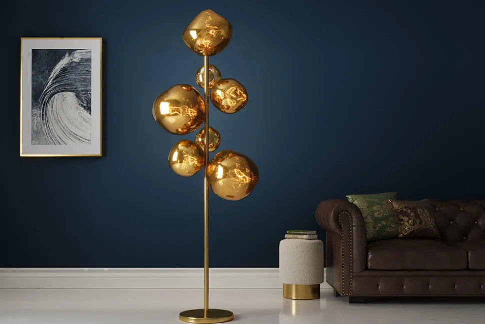 Design Stehlampe LIQUID DIAMOND 170cm gold Glas Stahl sieben Schirme Kugelleuchte
