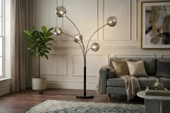 Design Stehlampe LIQUID DIAMOND 200cm schwarz smoke grau fünf Glasschirme mit Marmorfuß