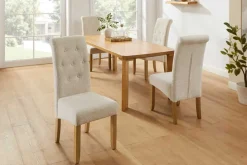 Design Stuhl CASA beige Bouclé Tweed Soft Massivholzbeine Zierknöpfe und Nackenrolle