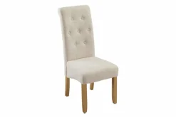 Design Stuhl CASA beige Bouclé Tweed Soft Massivholzbeine Zierknöpfe und Nackenrolle