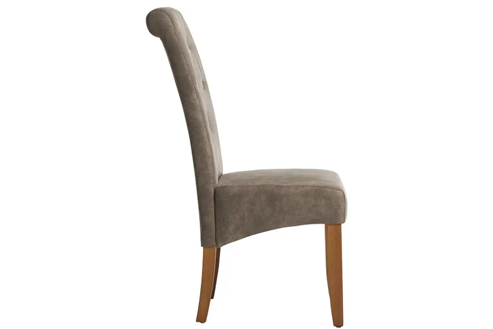 Design Stuhl CASA taupe Microfaser mit Zierknöpfen Massivholzbeine