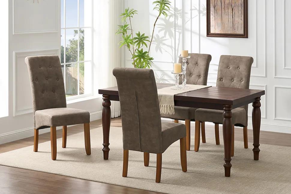Design Stuhl CASA taupe Microfaser mit Zierknöpfen Massivholzbeine