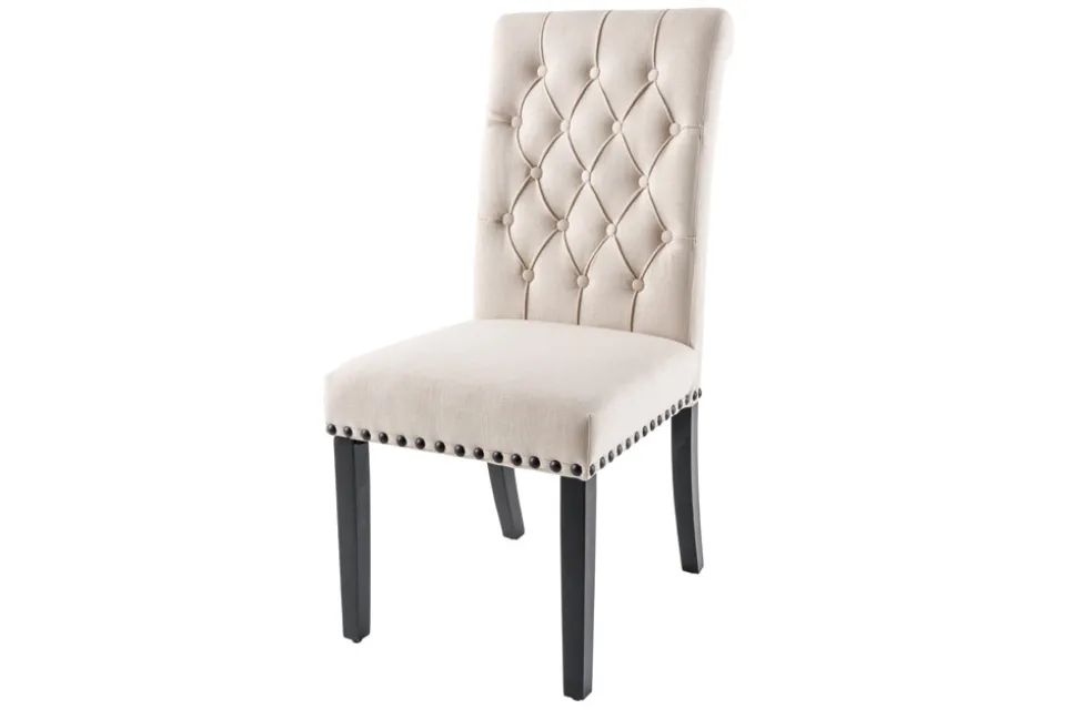 Design Stuhl CASTLE beige schwarz Strukturstoff Holzfüße Chesterfield