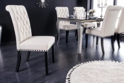 Design Stuhl CASTLE beige schwarz Strukturstoff Holzfüße Chesterfield