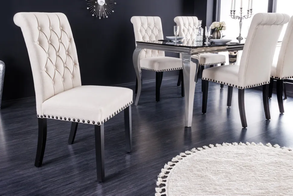 Design Stuhl CASTLE beige schwarz Strukturstoff Holzfüße Chesterfield