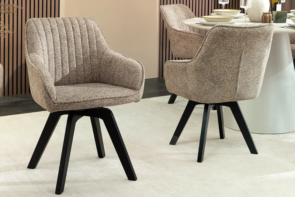 Design Stuhl LIVORNO taupe Strukturstoff schwarz Massivholz drehbar Auto-Return-Funktion