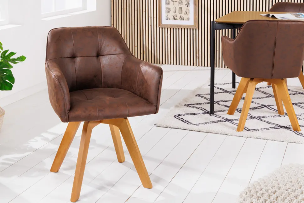 Design Stuhl LOFT antik braun Microfaser drehbar massiv Buchenholz mit Armlehne