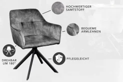 Design Stuhl LOFT dunkelgrau Samt drehbar Metallgestell schwarz mit Armlehne