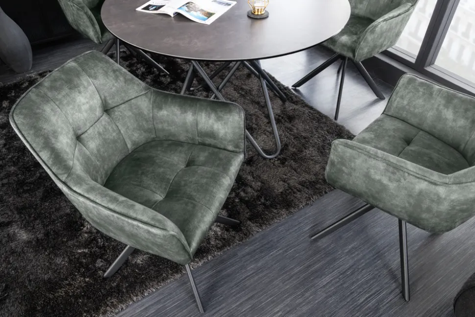 Design Stuhl LOFT grün Samt drehbar Metallgestell schwarz mit Armlehne