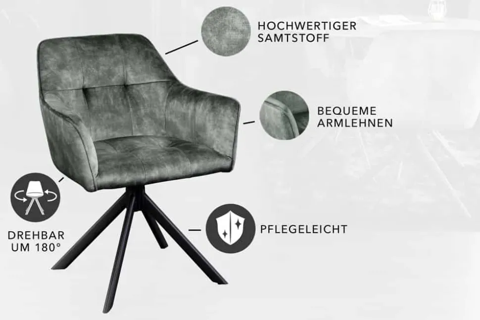 Design Stuhl LOFT grün Samt drehbar Metallgestell schwarz mit Armlehne