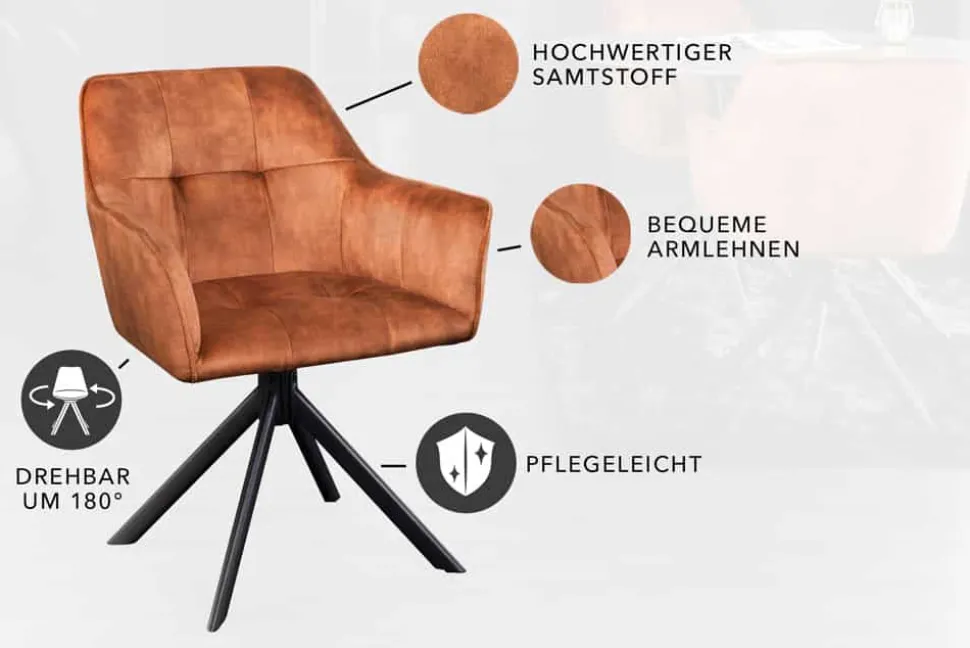 Design Stuhl LOFT rost braun Samt drehbar Metallgestell schwarz mit Armlehne