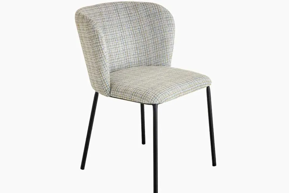 Design Stuhl LYON blau kariert Bouclé schwarze Metallbeine