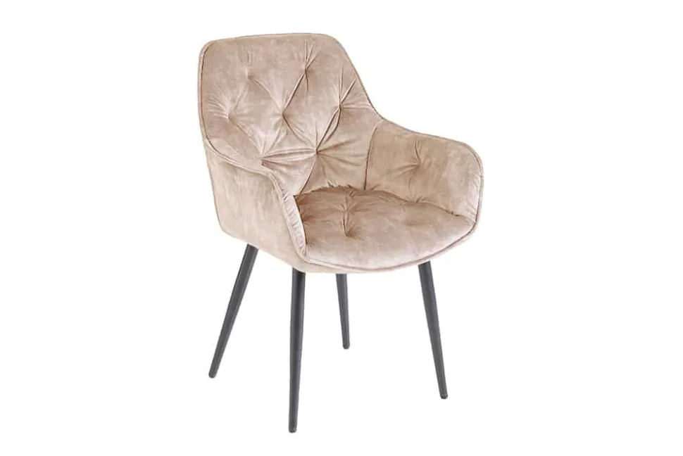 Design Stuhl MILANO champagner beige Samt mit Armlehne gepolstert schwarze Metallbeine