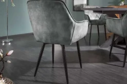 Design Stuhl MILANO grün Samt mit Armlehne Ziersteppung gepolstert schwarze Metallbeine
