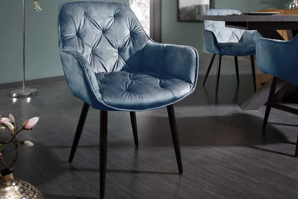 Design Stuhl MILANO petrol Samt mit Armlehne Ziersteppung gepolstert schwarze Metallbeine