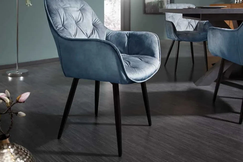 Design Stuhl MILANO petrol Samt mit Armlehne Ziersteppung gepolstert schwarze Metallbeine