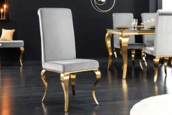 Design Stuhl MODERN BAROCK grau Samt goldene Stuhlbeine