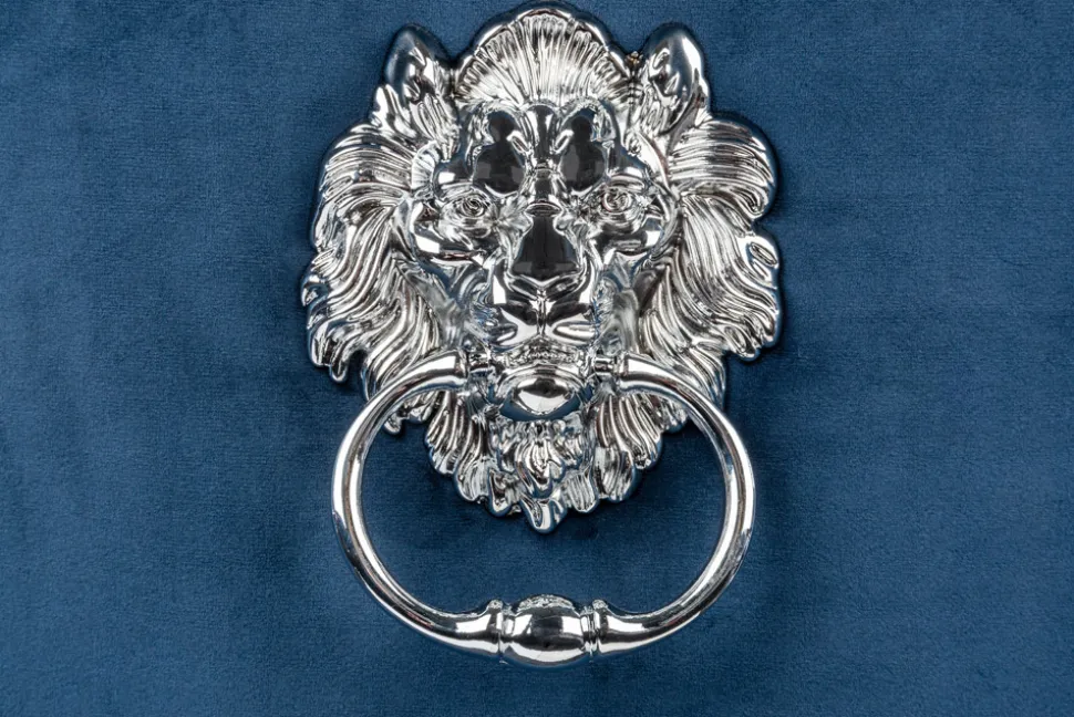 Design Stuhl MODERN BAROCK royalblau Samt mit silbernem Löwenkopf